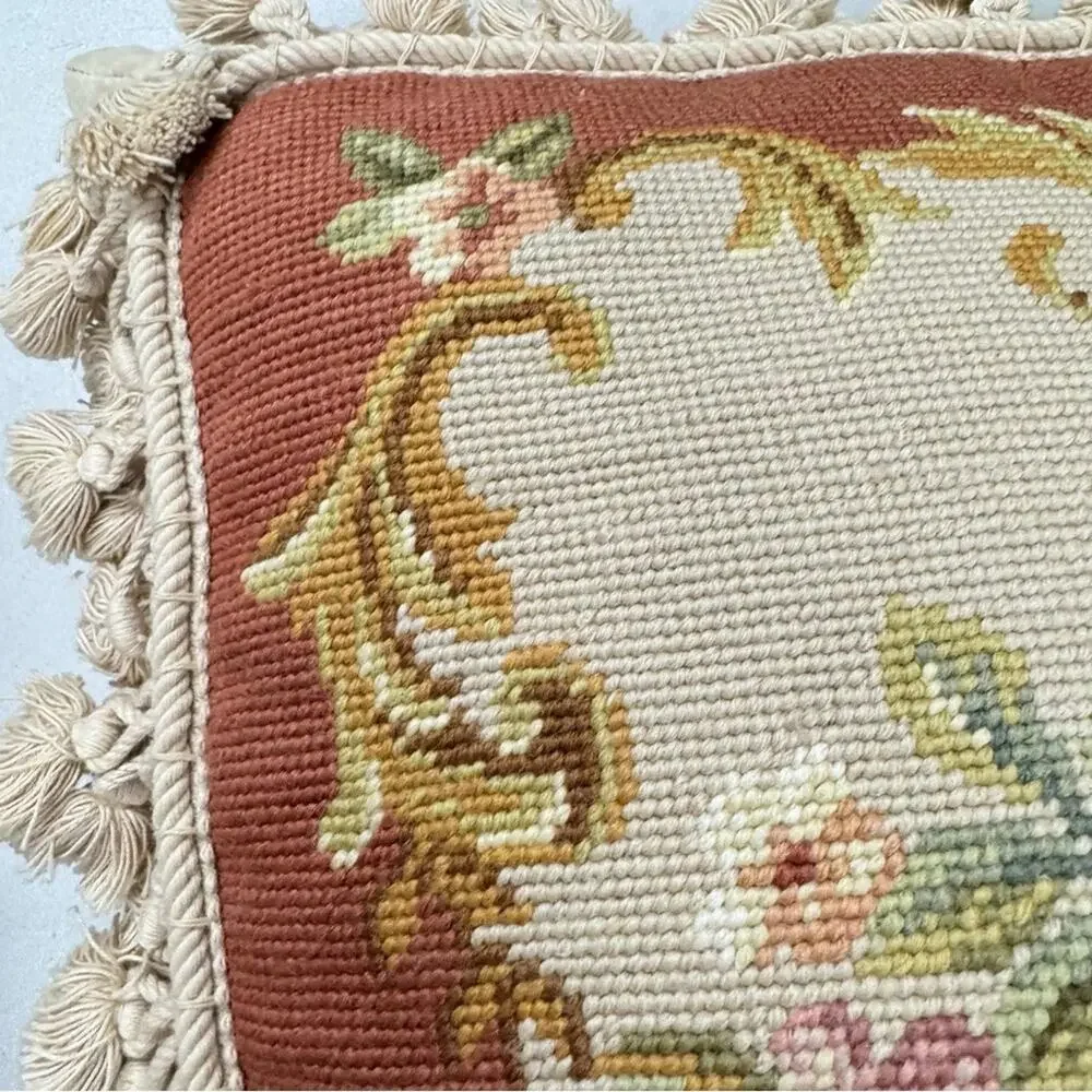 Large Rose Embroidered Tapestry Accent Pillow Tan Pink Tassels Boho Grandma Core